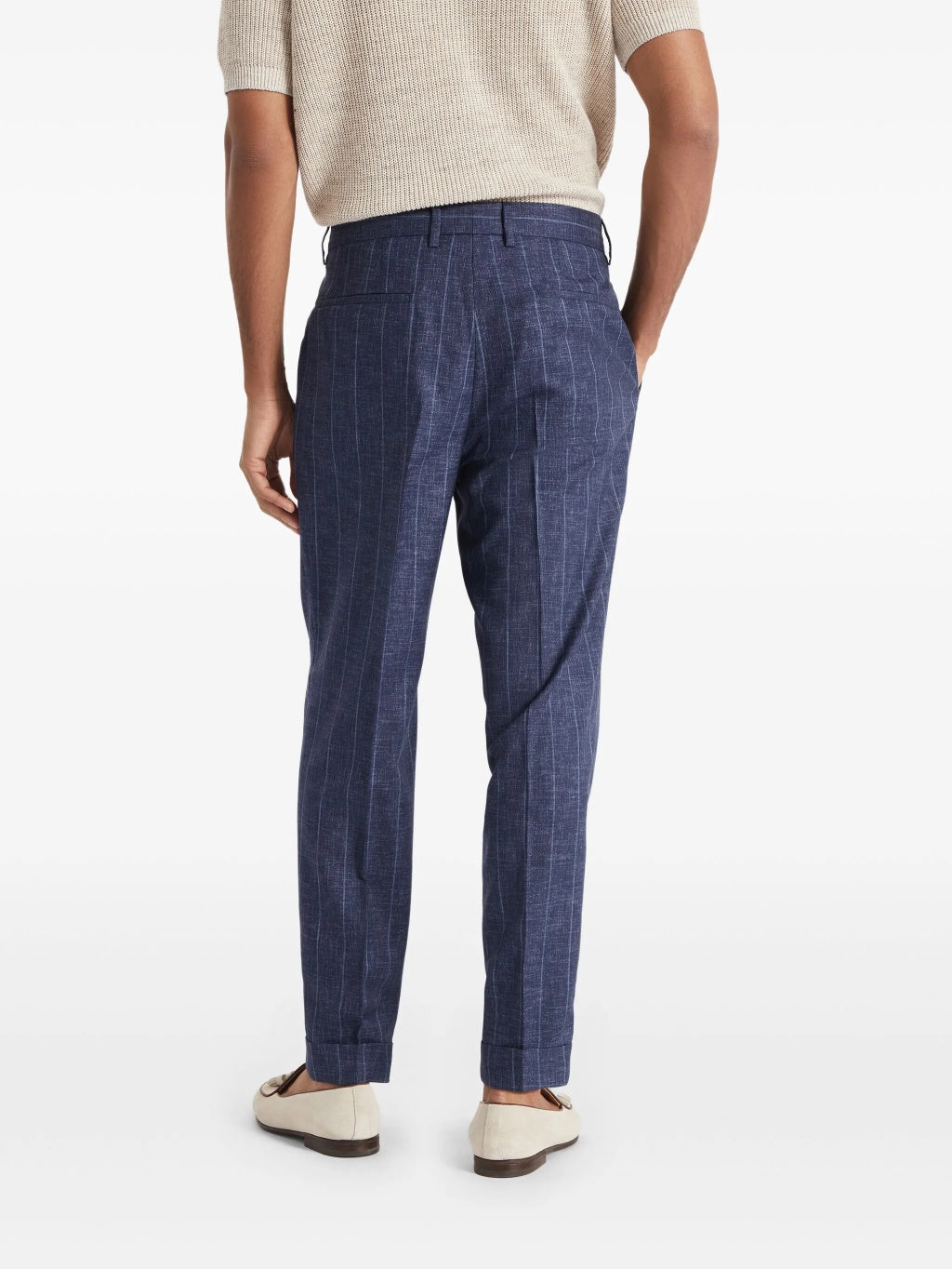 BRUNELLO CUCINELLI MEN'S NAVY WOOL PINSTRIPE TROUSERS