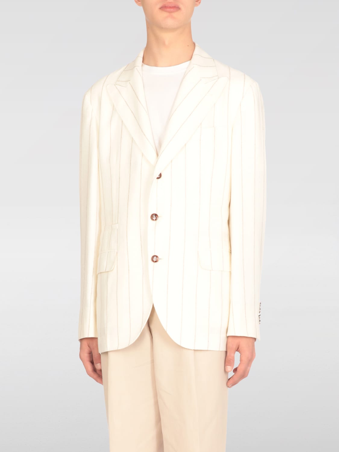 BRUNELLO CUCINELLI MEN'S CREAM PINSTRIPE LINEN BLEND BLAZER