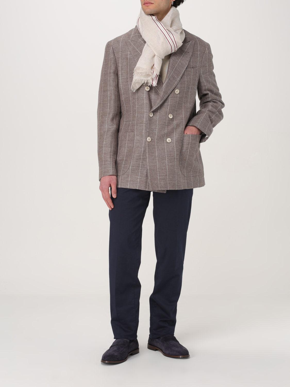 BRUNELLO CUCINELLI MEN'S BARK LINEN WOOL DOUBLE-BREASTED BLAZER