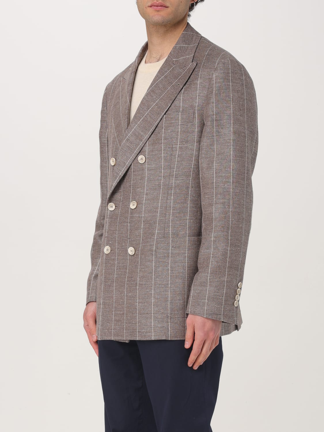 BRUNELLO CUCINELLI MEN'S BARK LINEN WOOL DOUBLE-BREASTED BLAZER