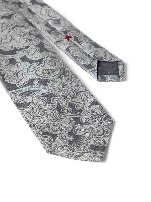 BRUNELLO CUCINELLI MEN'S GREY SILK PAISLEY TIE