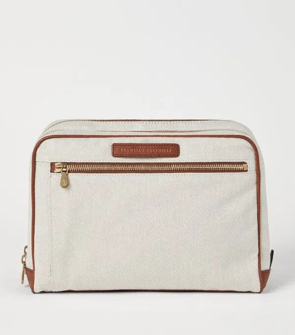 BRUNELLO CUCINELLI MEN'S CREAM LINEN CANVAS TOILETRY BAG