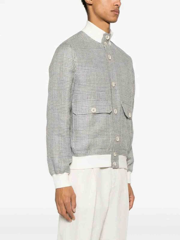 BRUNELLO CUCINELLI MEN'S GREY LINEN WOOL PLAID JACKET