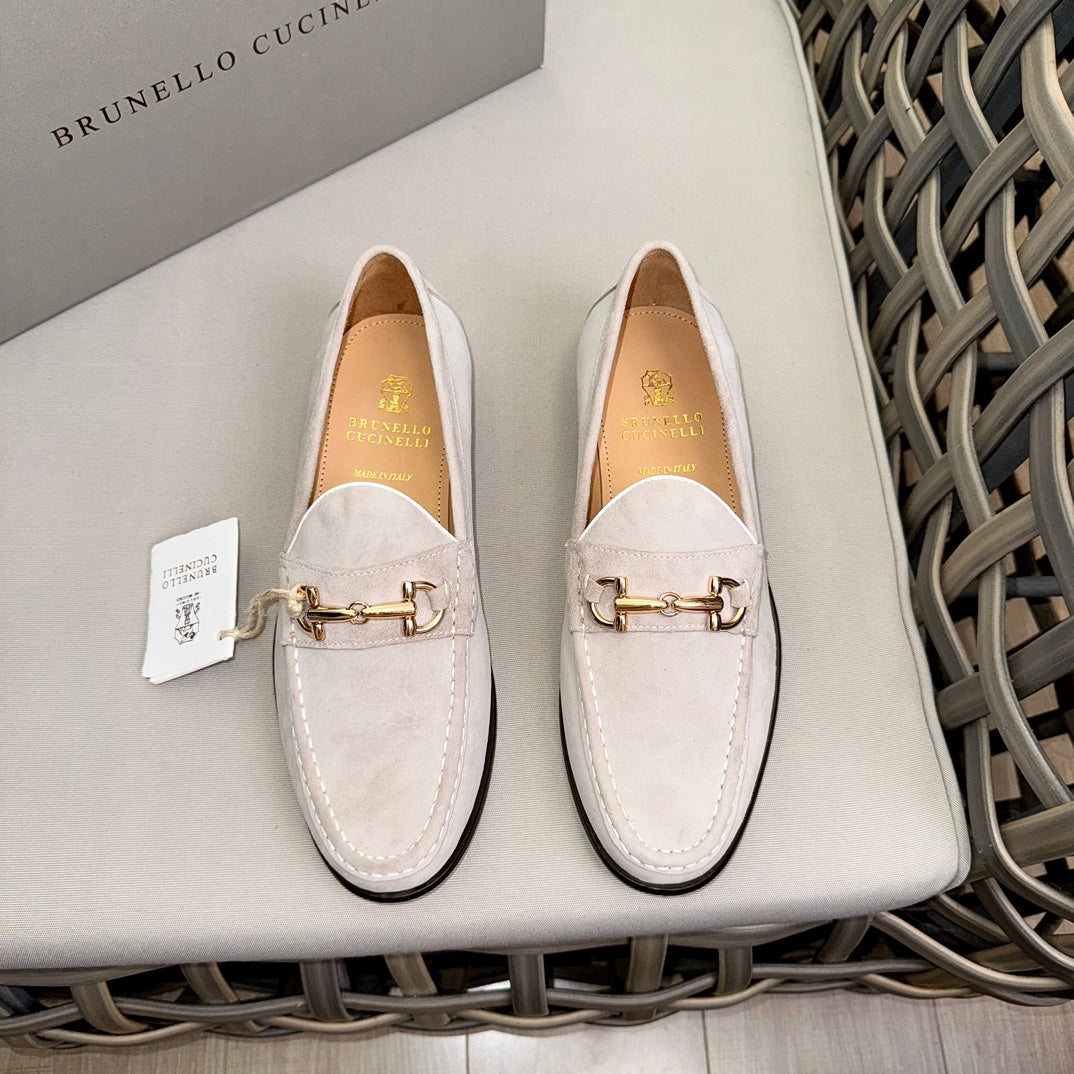 BRUNELLO CUCINELLI MEN'S MILK LEATHER LOAFERS WITH METAL DETAIL