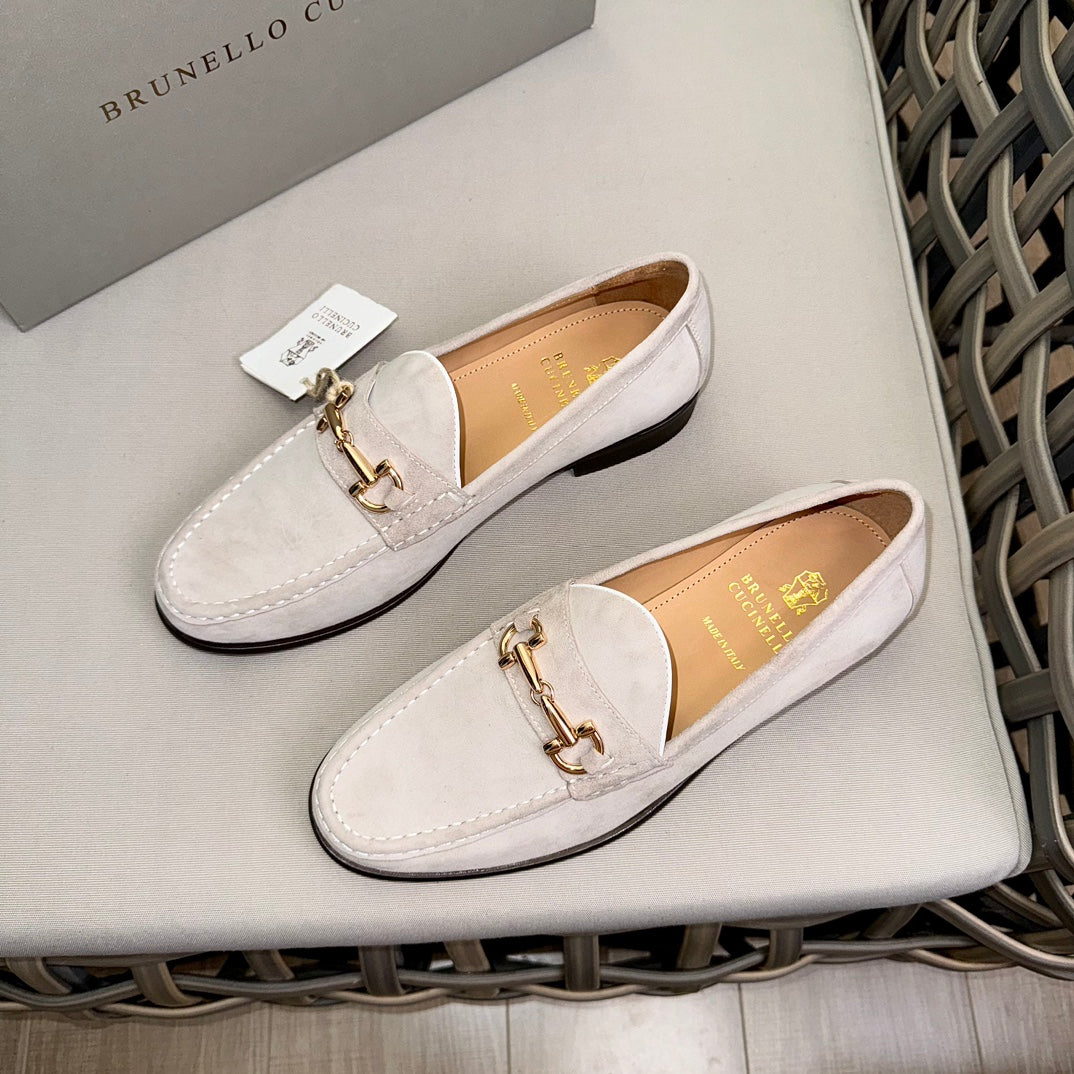 BRUNELLO CUCINELLI MEN'S MILK LEATHER LOAFERS WITH METAL DETAIL