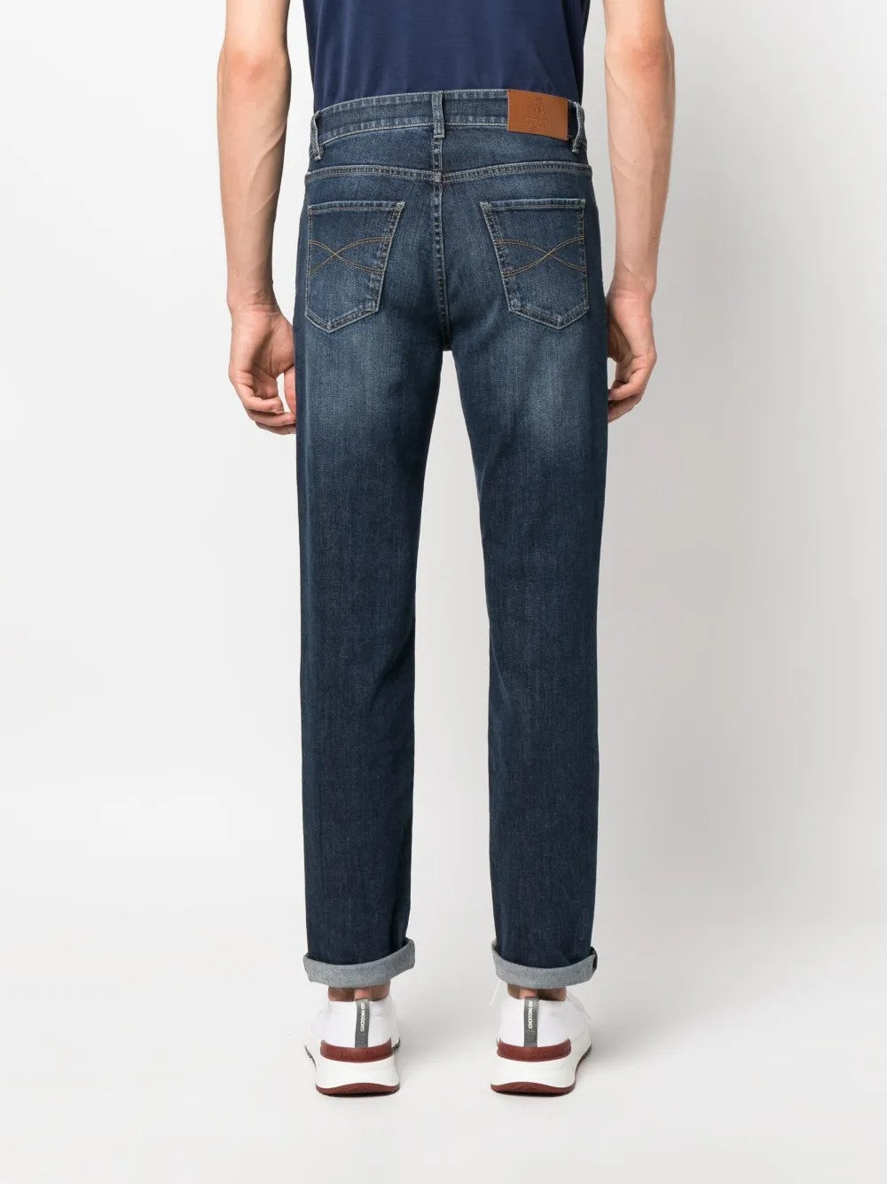 BRUNELLO CUCINELLI MEN'S DARK DENIM LINEN BLEND TROUSERS