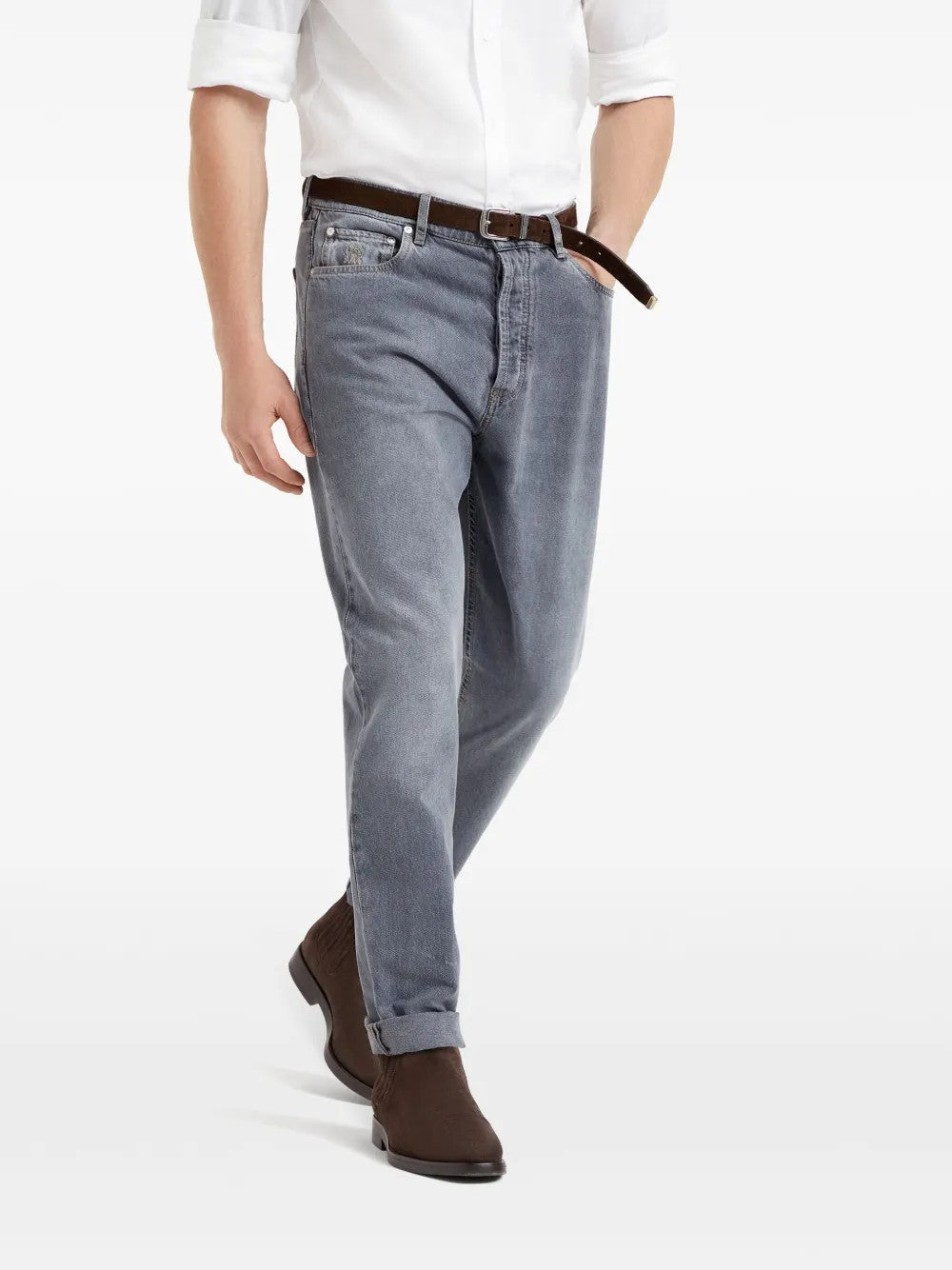 BRUNELLO CUCINELLI MEN'S MEDIUM GREY DENIM TROUSERS