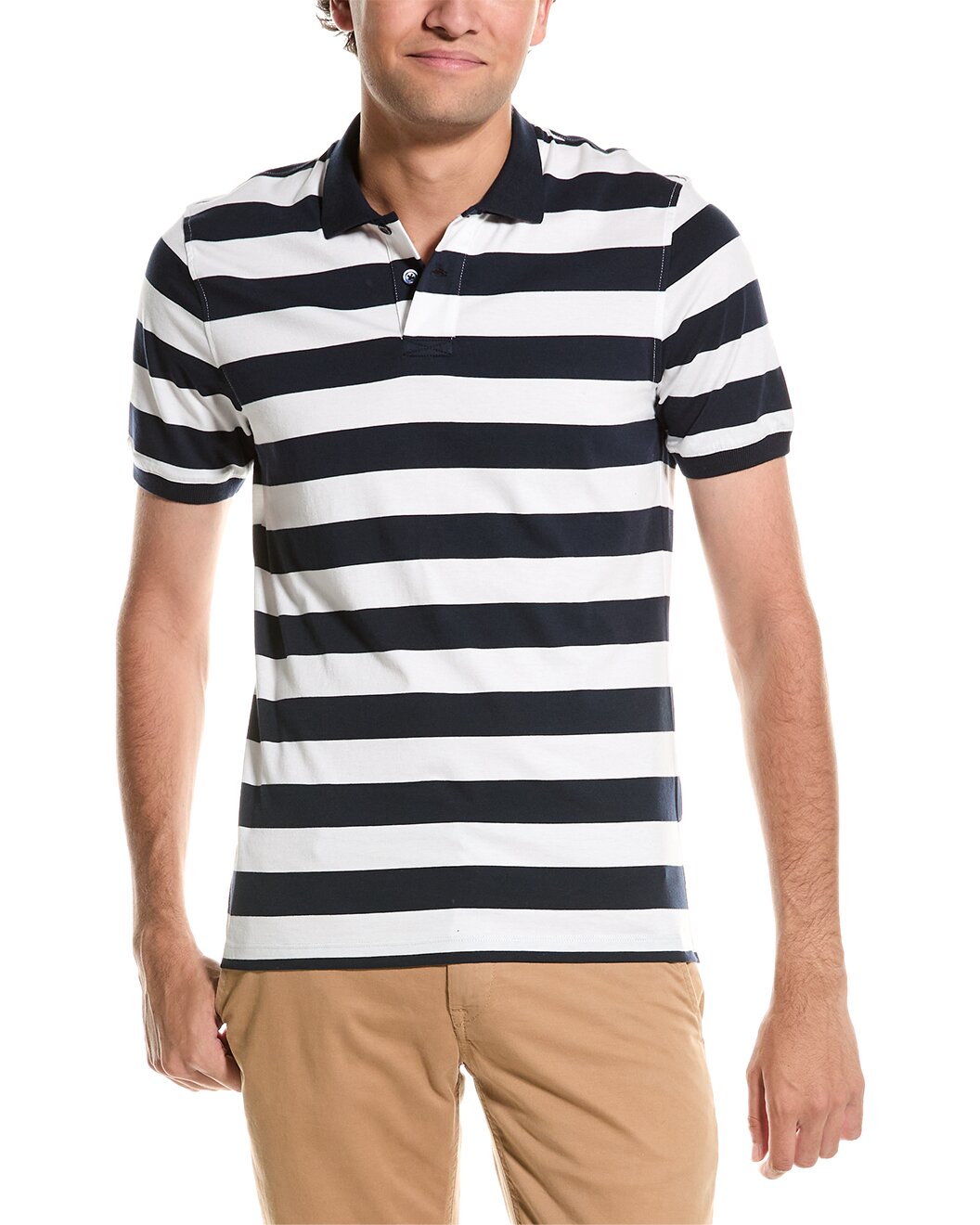 BRUNELLO CUCINELLI MEN'S WHITE AND BLUE STRIPED POLO SHIRT