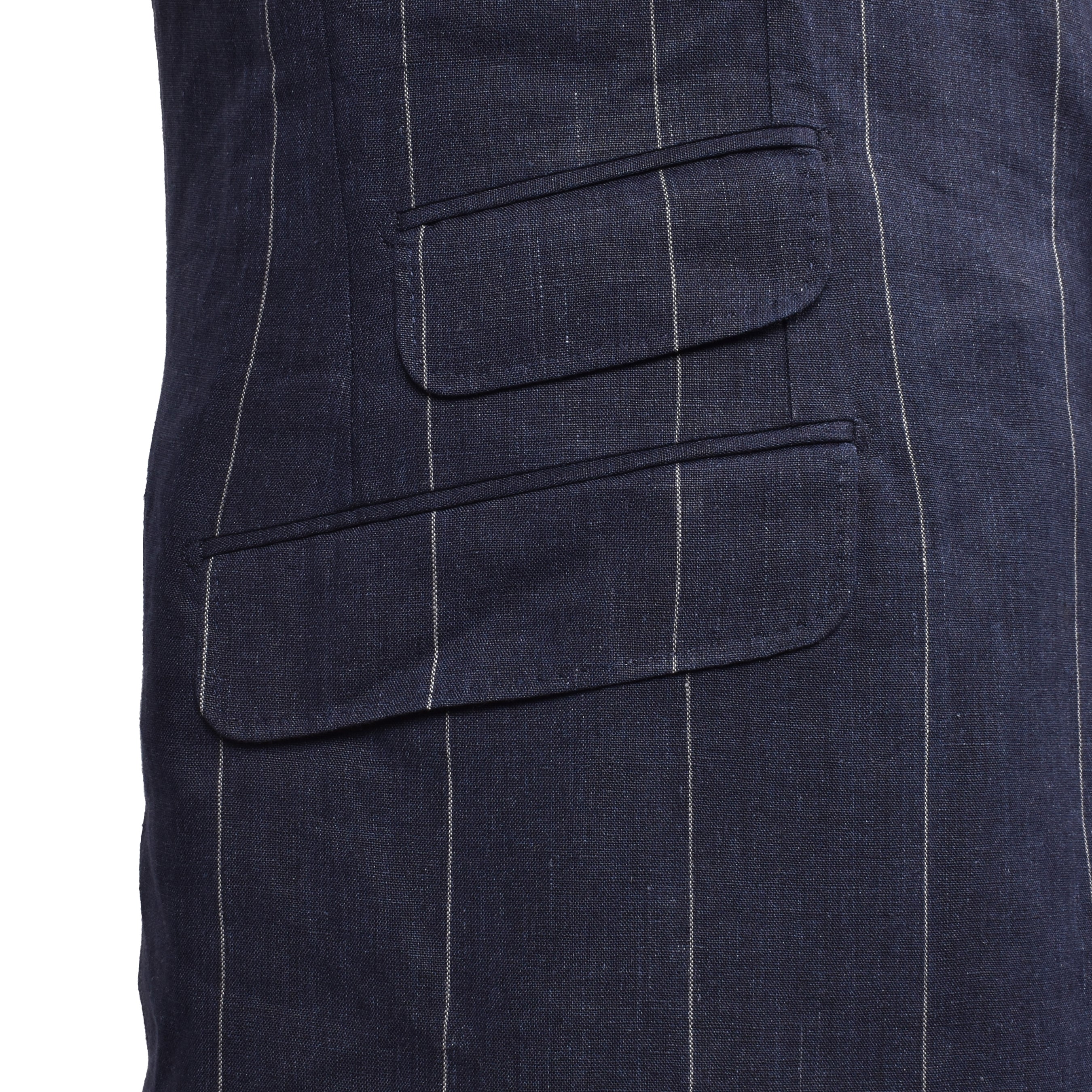 BRUNELLO CUCINELLI MEN'S NAVY LINEN STRIPED THREE-BUTTON SUIT