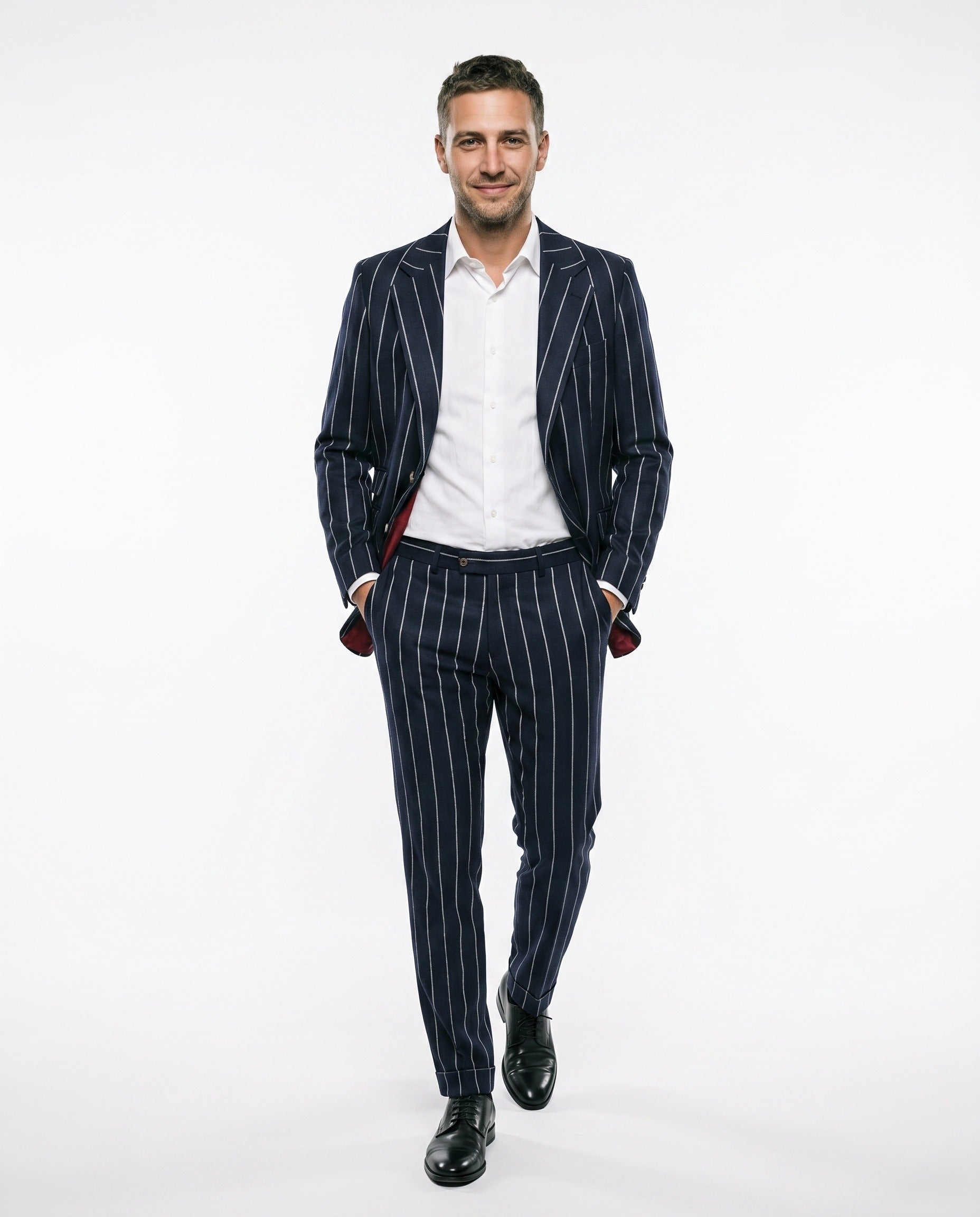 BRUNELLO CUCINELLI MEN'S NAVY LINEN BLEND STRIPED SUIT
