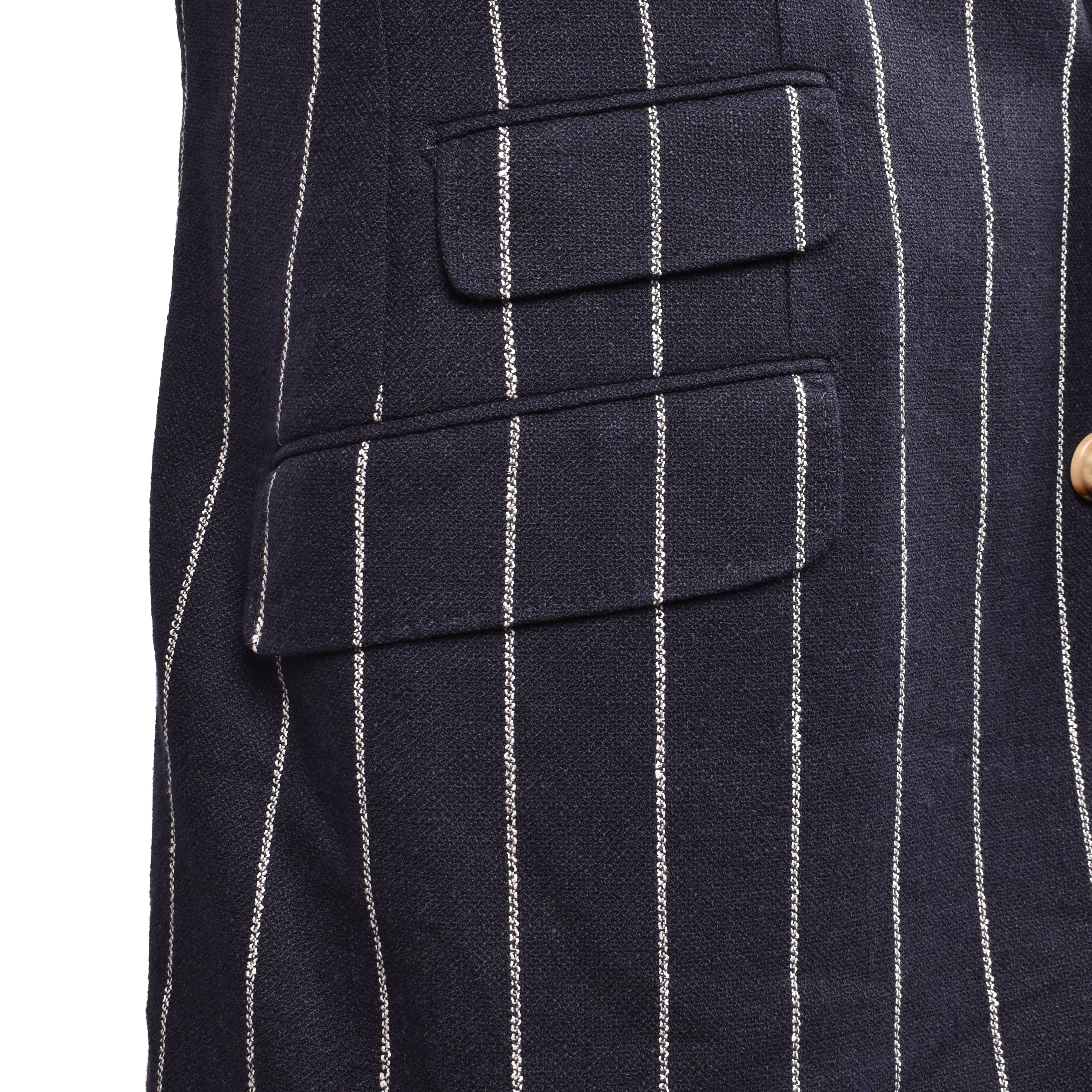 BRUNELLO CUCINELLI MEN'S NAVY LINEN BLEND STRIPED SUIT