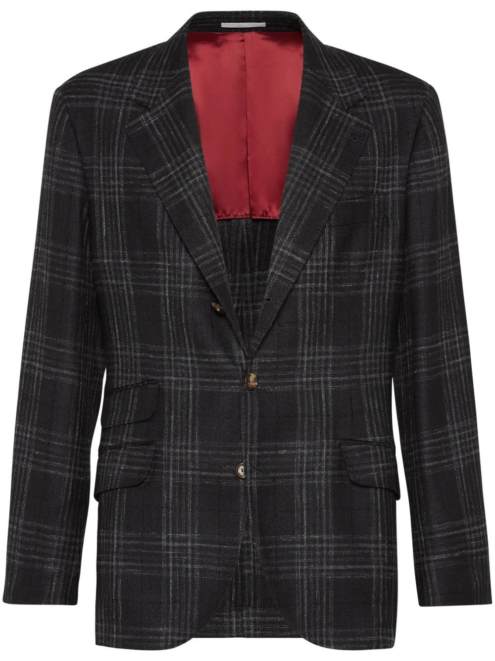 BRUNELLO CUCINELLI MEN'S ANTHRACITE WOOL SILK LINEN PLAID BLAZER