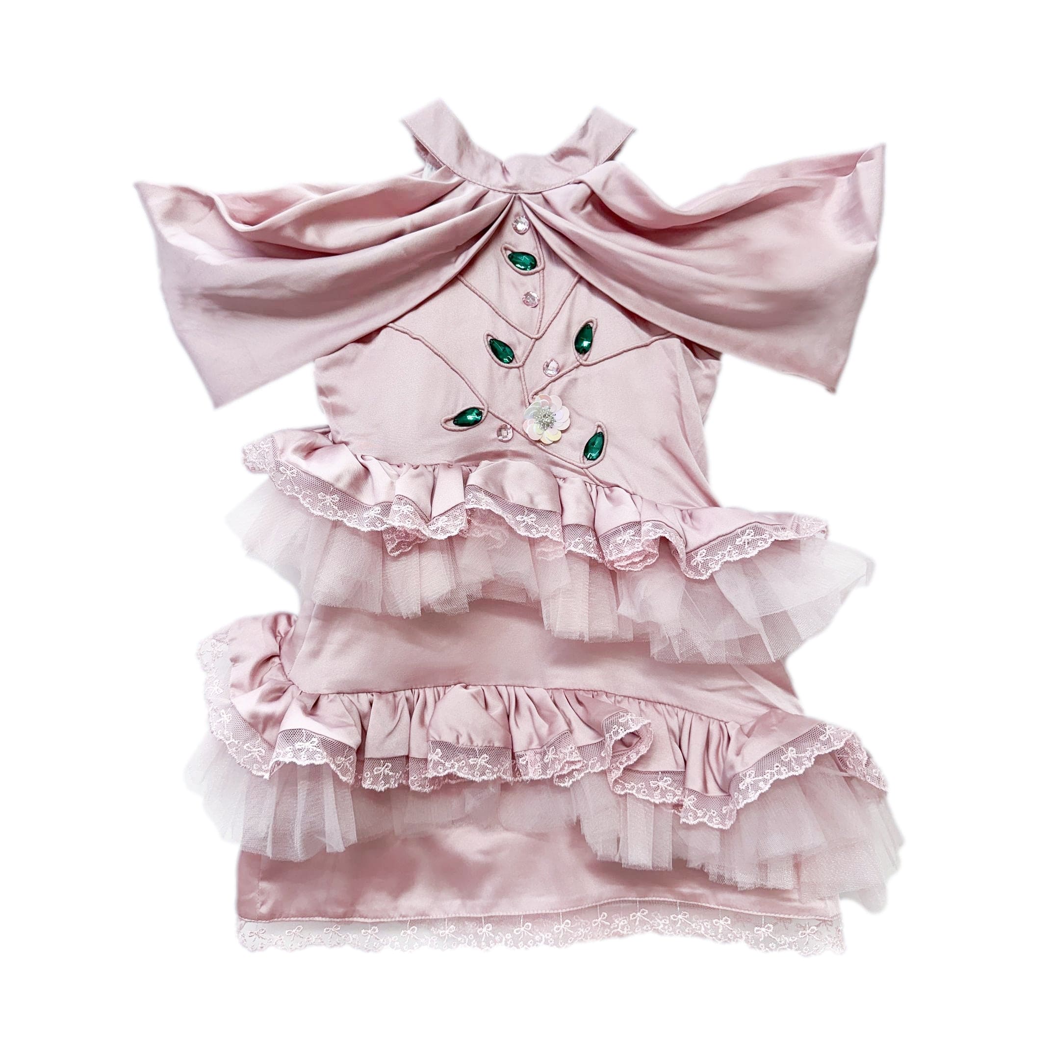 Pink satin ballerina dress with pleated neckline, jewel detailing, and soft ruffle skirt layers