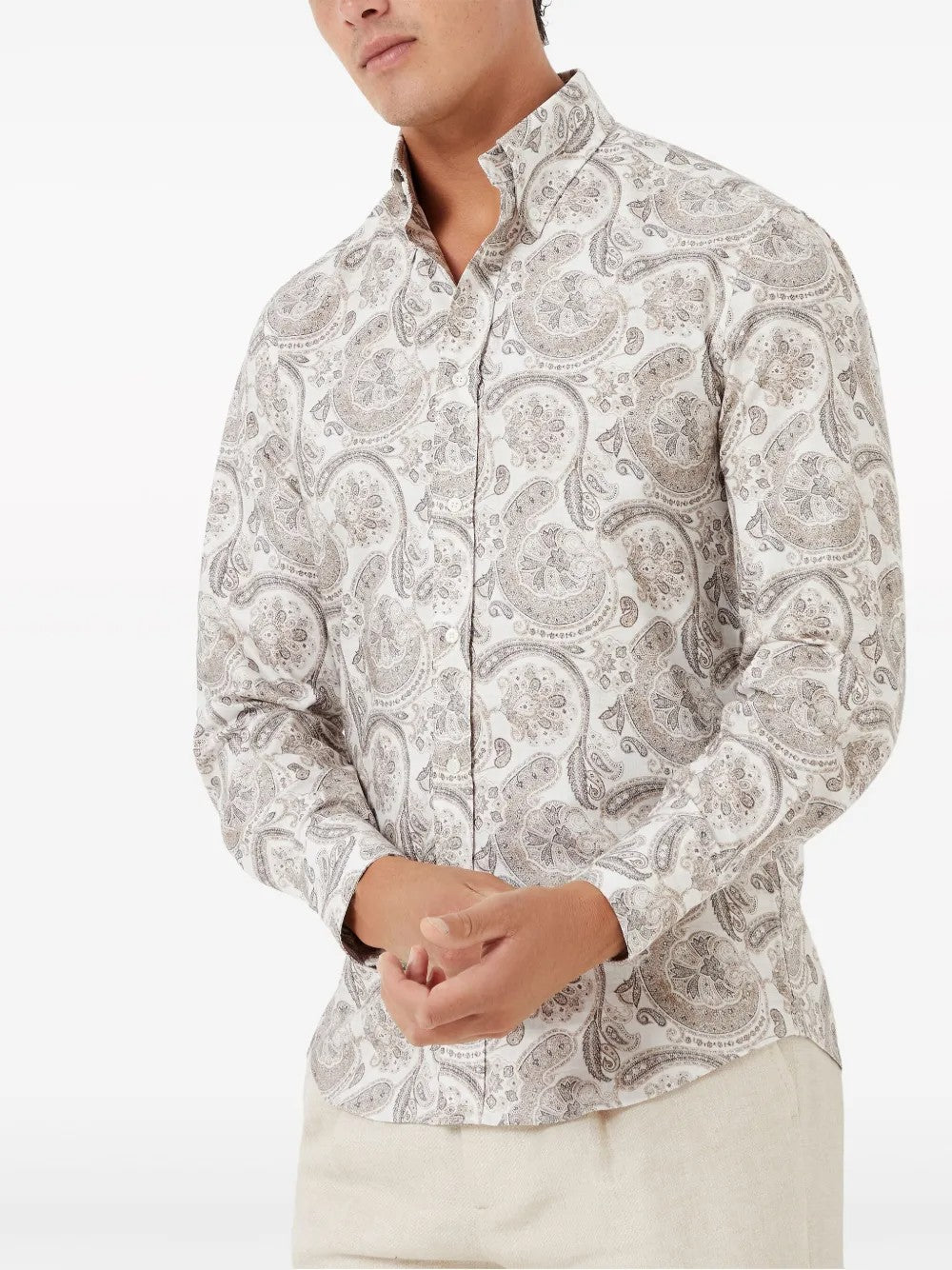 BRUNELLO CUCINELLI MEN'S BROWN PAISLEY BUTTON-UP SHIRT
