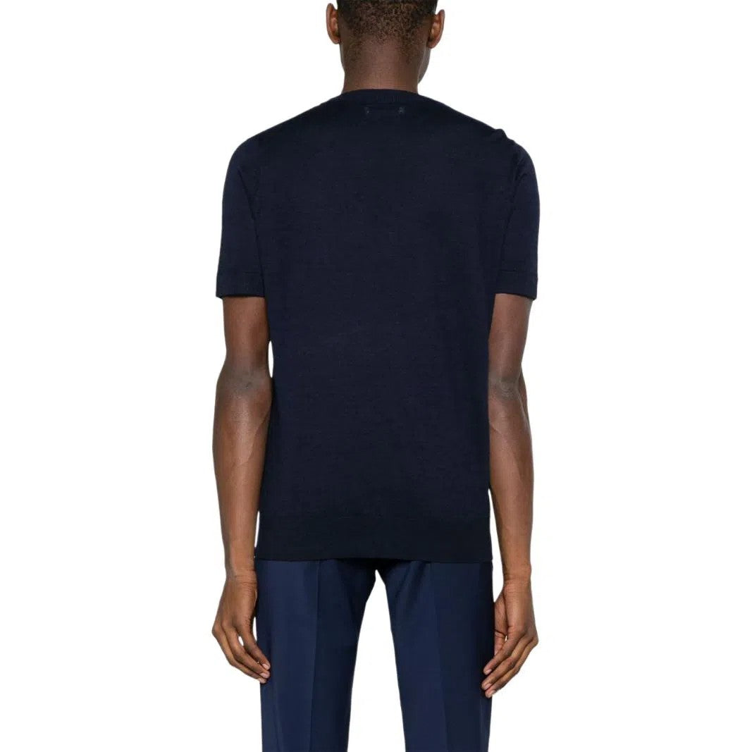 BRUNELLO CUCINELLI MEN'S NAVY LINEN BLEND SHORT-SLEEVE SWEATER