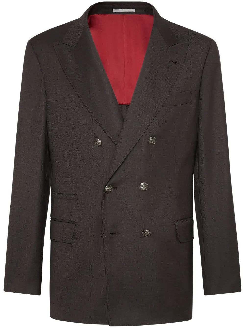 BRUNELLO CUCINELLI MEN'S DARK BROWN WOOL DOUBLE-BREASTED BLAZER