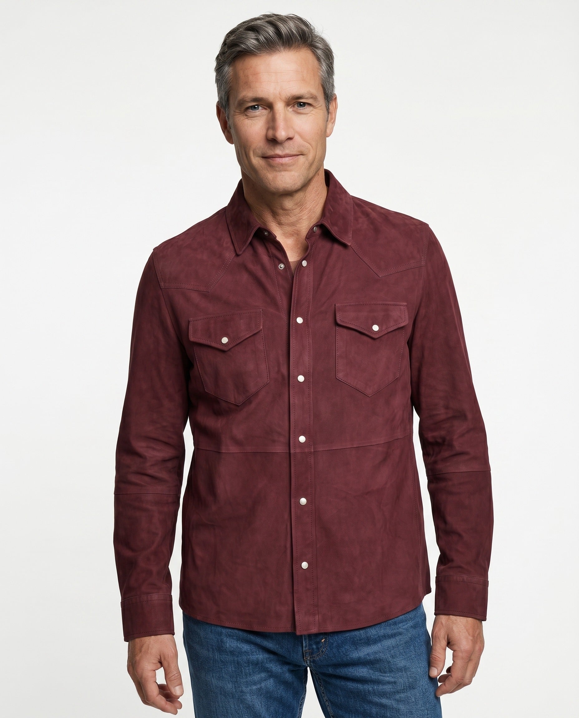 BRUNELLO CUCINELLI MEN'S BURGUNDY SUEDE WESTERN OVERSHIRT
