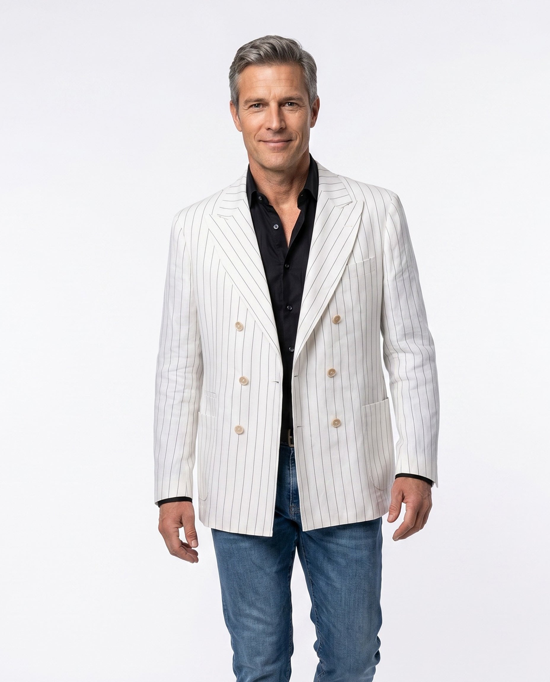 BRUNELLO CUCINELLI MEN'S WHITE LINEN DOUBLE-BREASTED STRIPED BLAZER