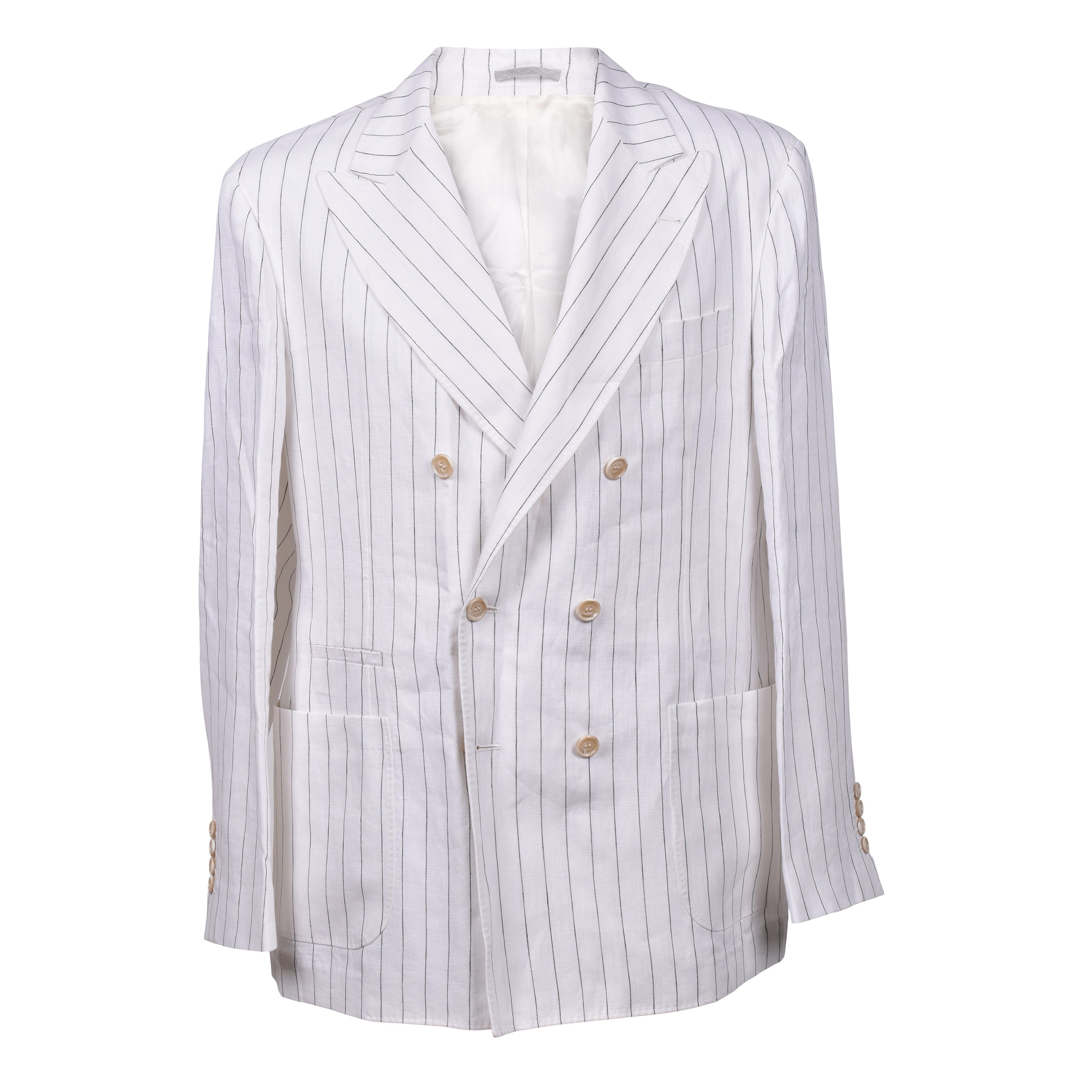BRUNELLO CUCINELLI MEN'S WHITE LINEN DOUBLE-BREASTED STRIPED BLAZER