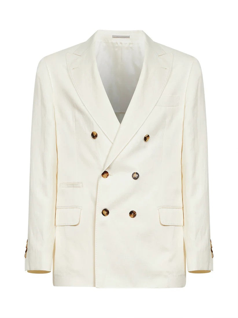 BRUNELLO CUCINELLI MEN'S OFF-WHITE SILK BLEND DOUBLE-BREASTED BLAZER