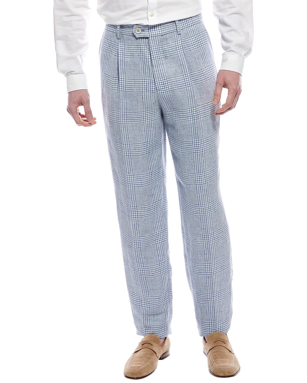 BRUNELLO CUCINELLI MEN'S CELESTE LINEN WOOL PLAID TROUSERS
