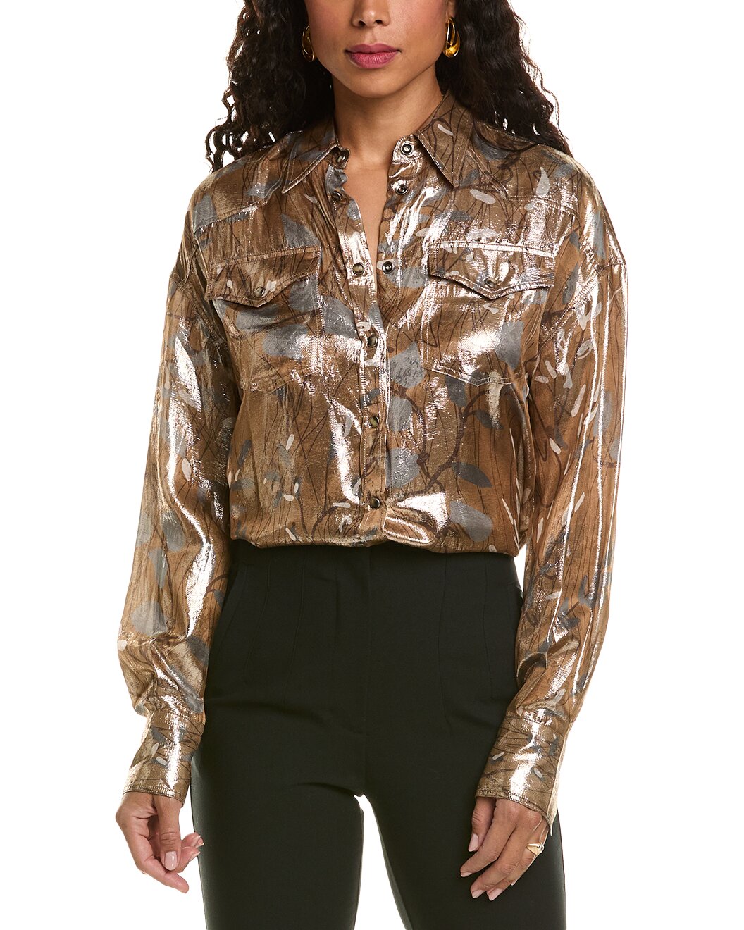 BRUNELLO CUCINELLI WOMEN'S METALLIC FLORAL BUTTON-UP SHIRT