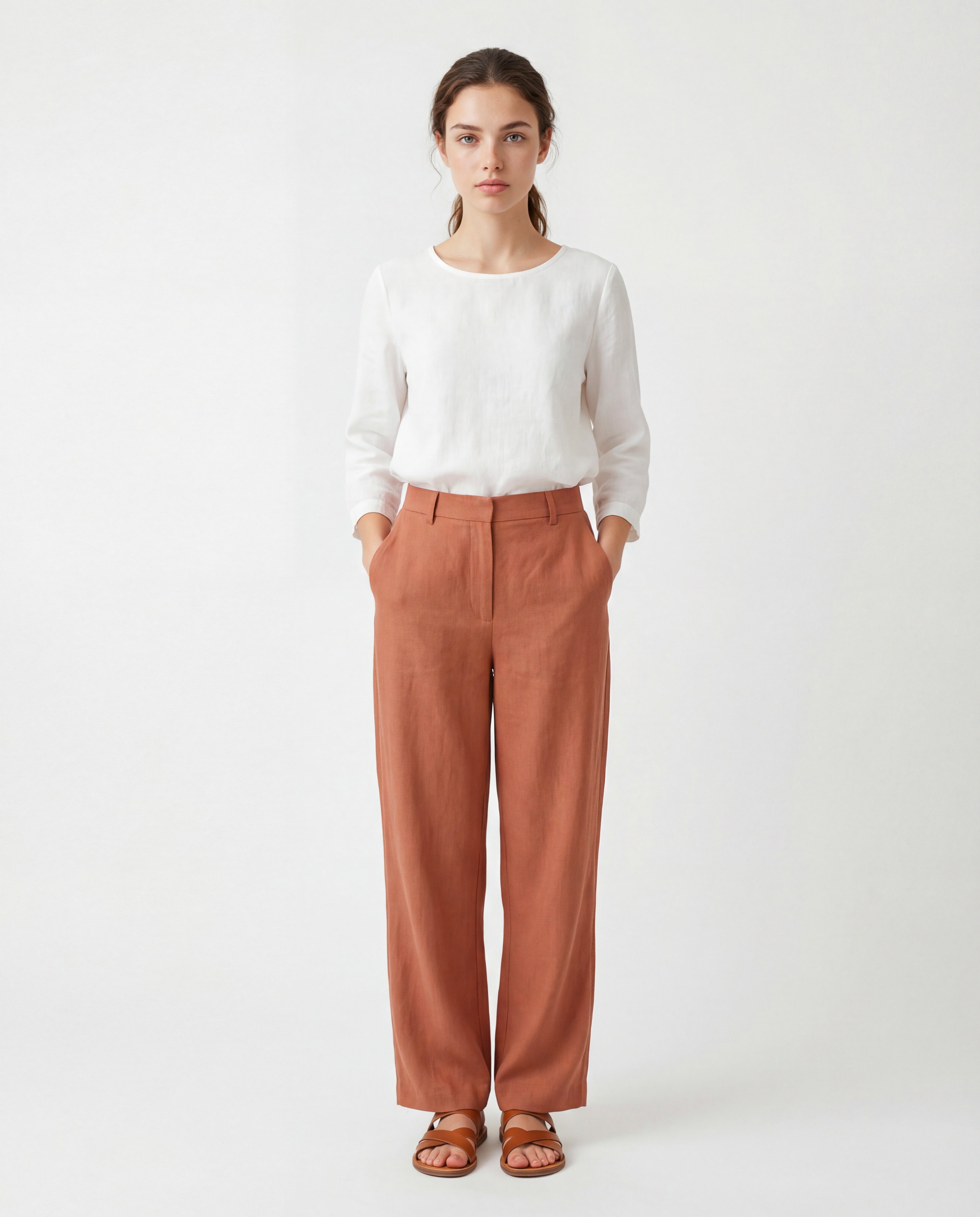 BRUNELLO CUCINELLI WOMEN'S CLAY LINEN BLEND WIDE-LEG TROUSERS
