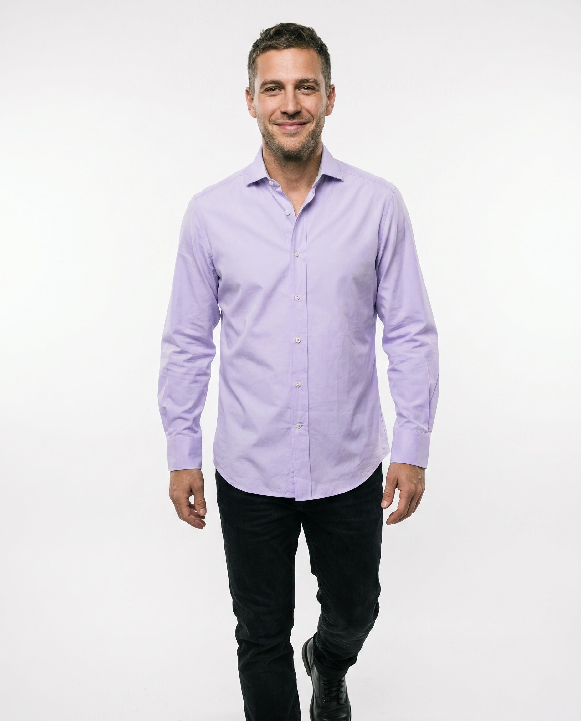 BRUNELLO CUCINELLI MEN'S LAVENDER COTTON DRESS SHIRT