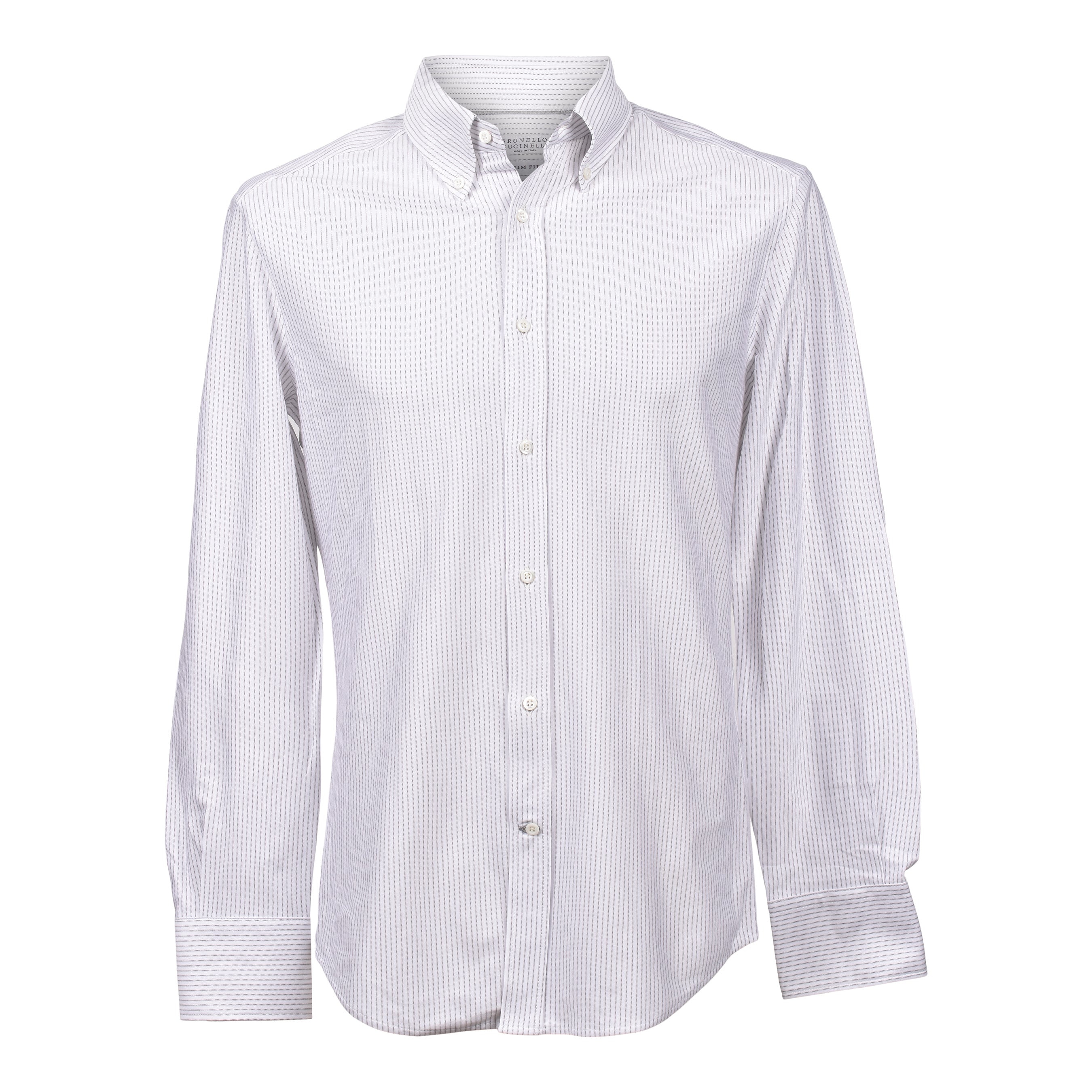BRUNELLO CUCINELLI MEN'S WHITE MOCHA STRIPED DRESS SHIRT