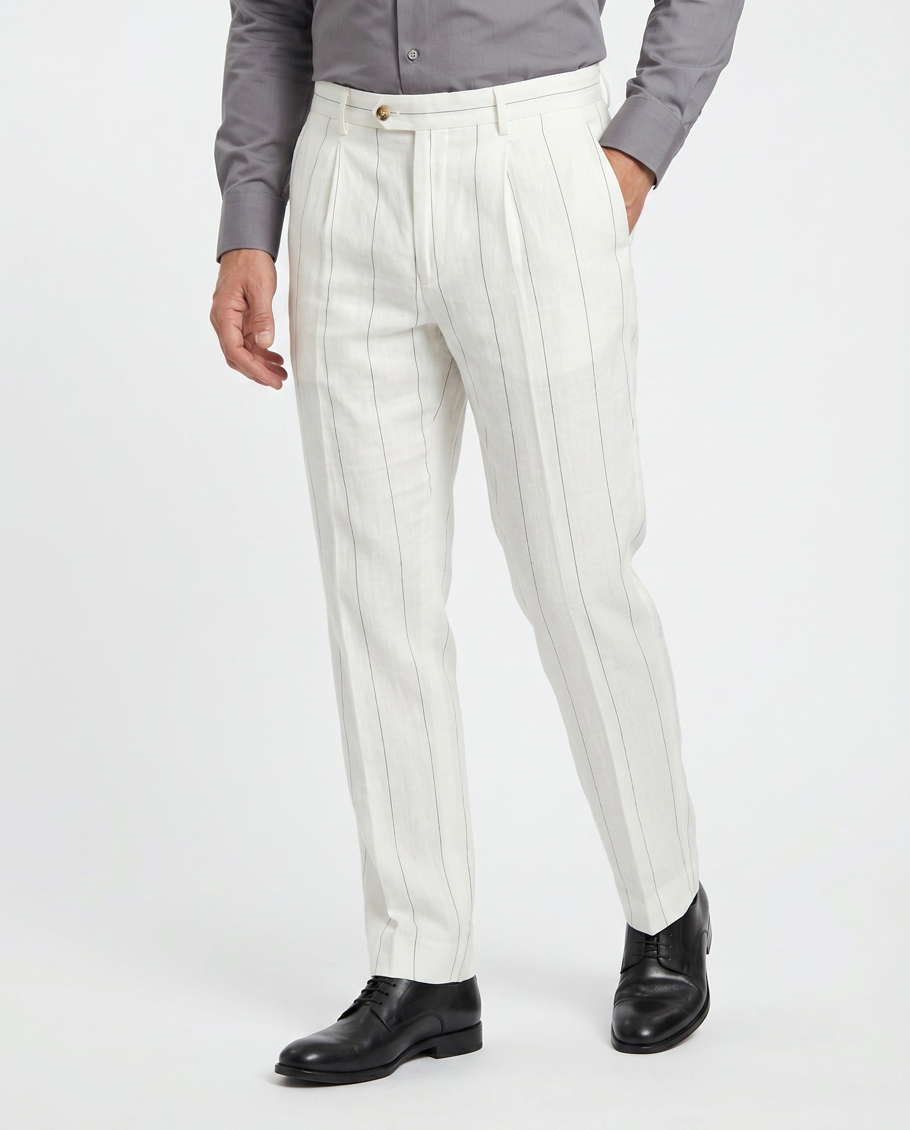 BRUNELLO CUCINELLI MEN'S OFF-WHITE LINEN STRIPED TROUSERS