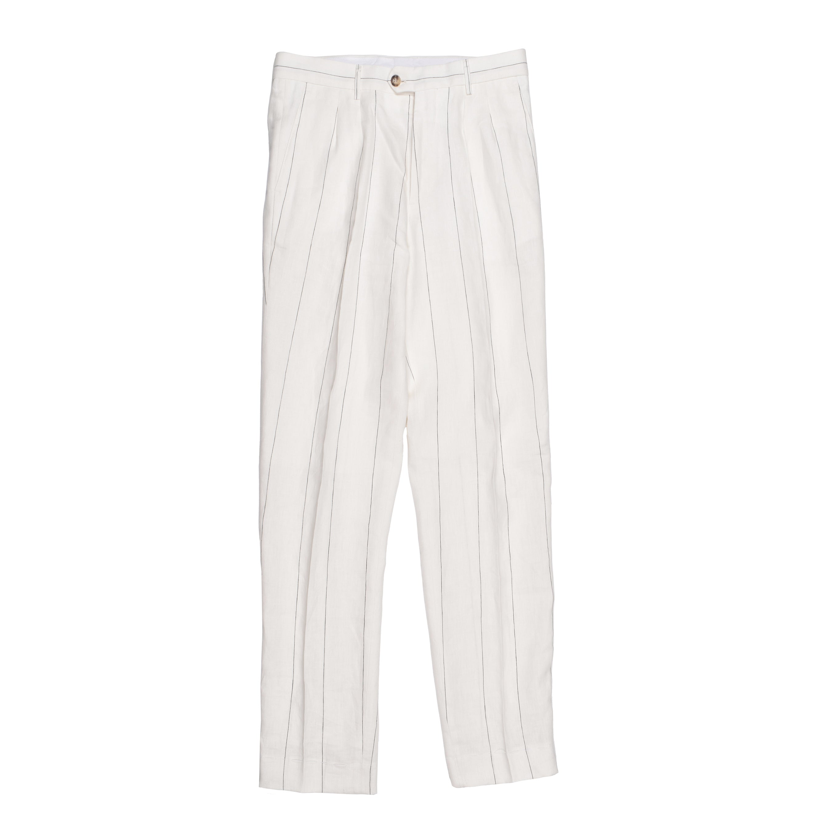 BRUNELLO CUCINELLI MEN'S OFF-WHITE LINEN STRIPED TROUSERS