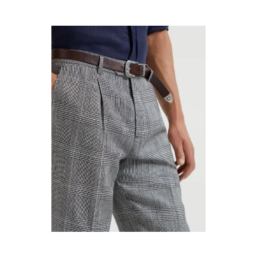 BRUNELLO CUCINELLI MEN'S BLACK LINEN COTTON CHECKED TROUSERS