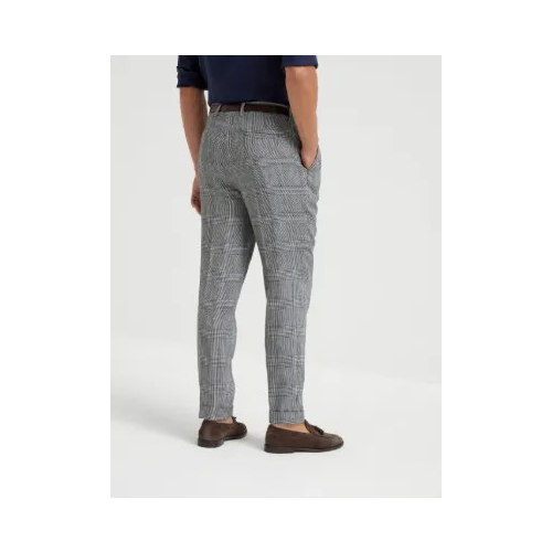 BRUNELLO CUCINELLI MEN'S BLACK LINEN COTTON CHECKED TROUSERS
