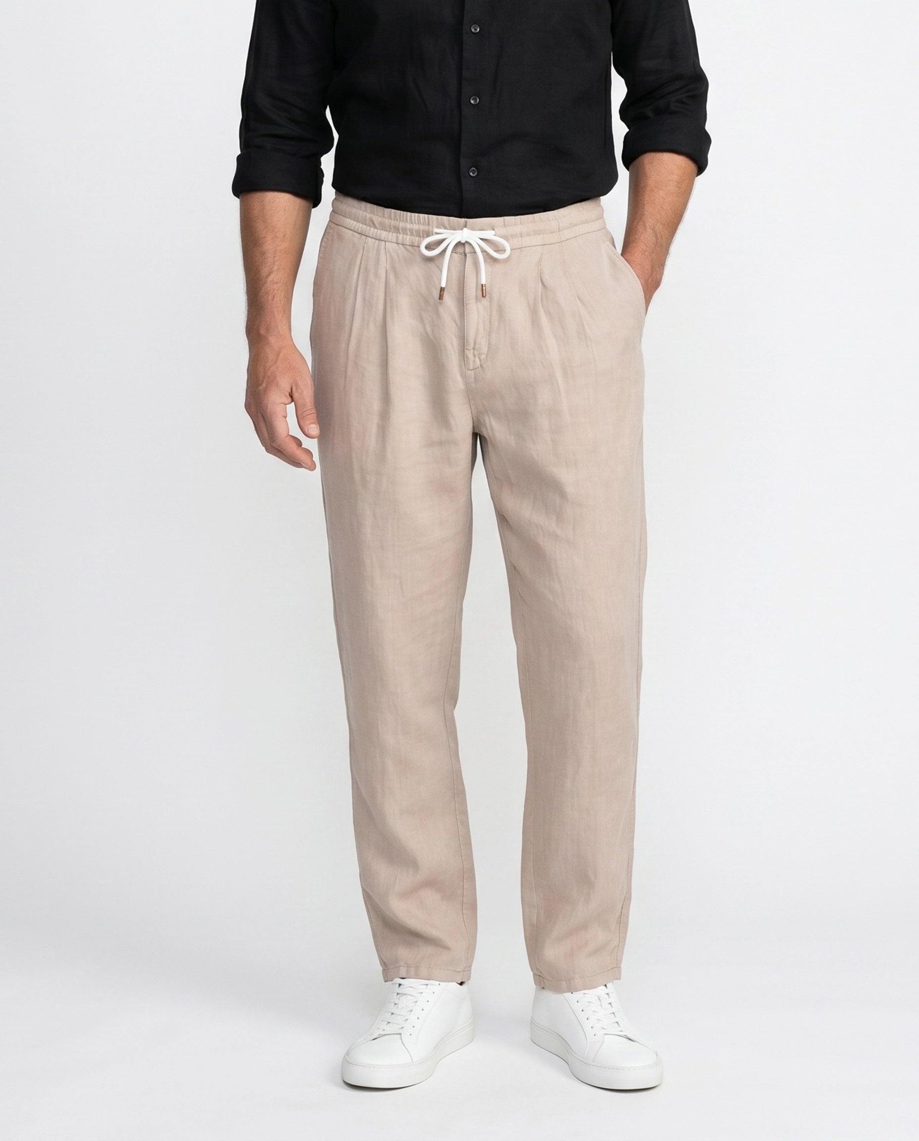 BRUNELLO CUCINELLI MEN'S BEIGE LINEN DRAWSTRING TROUSERS