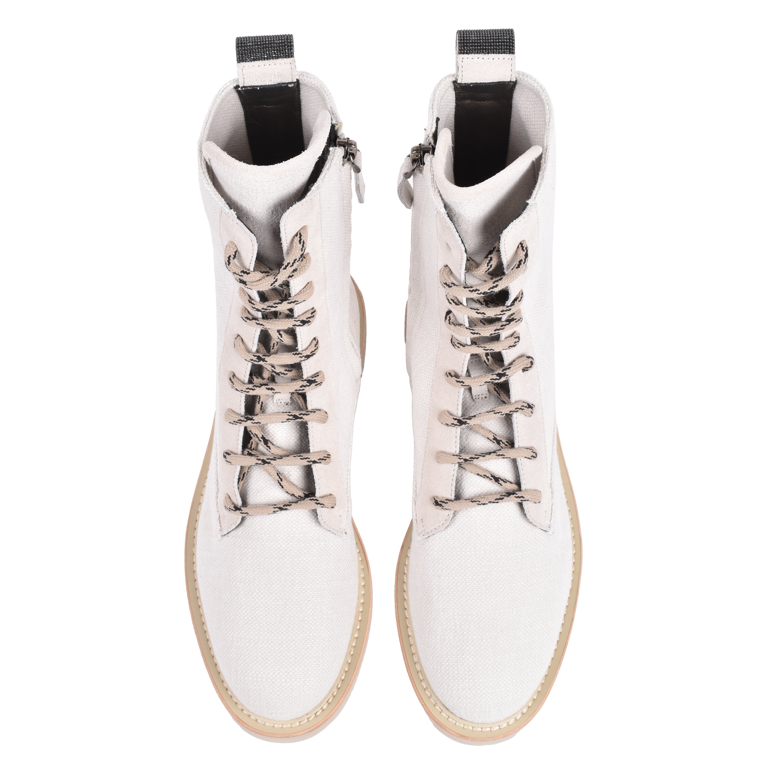 BRUNELLO CUCINELLI WOMEN'S LIGHT BEIGE CANVAS COMBAT BOOTS