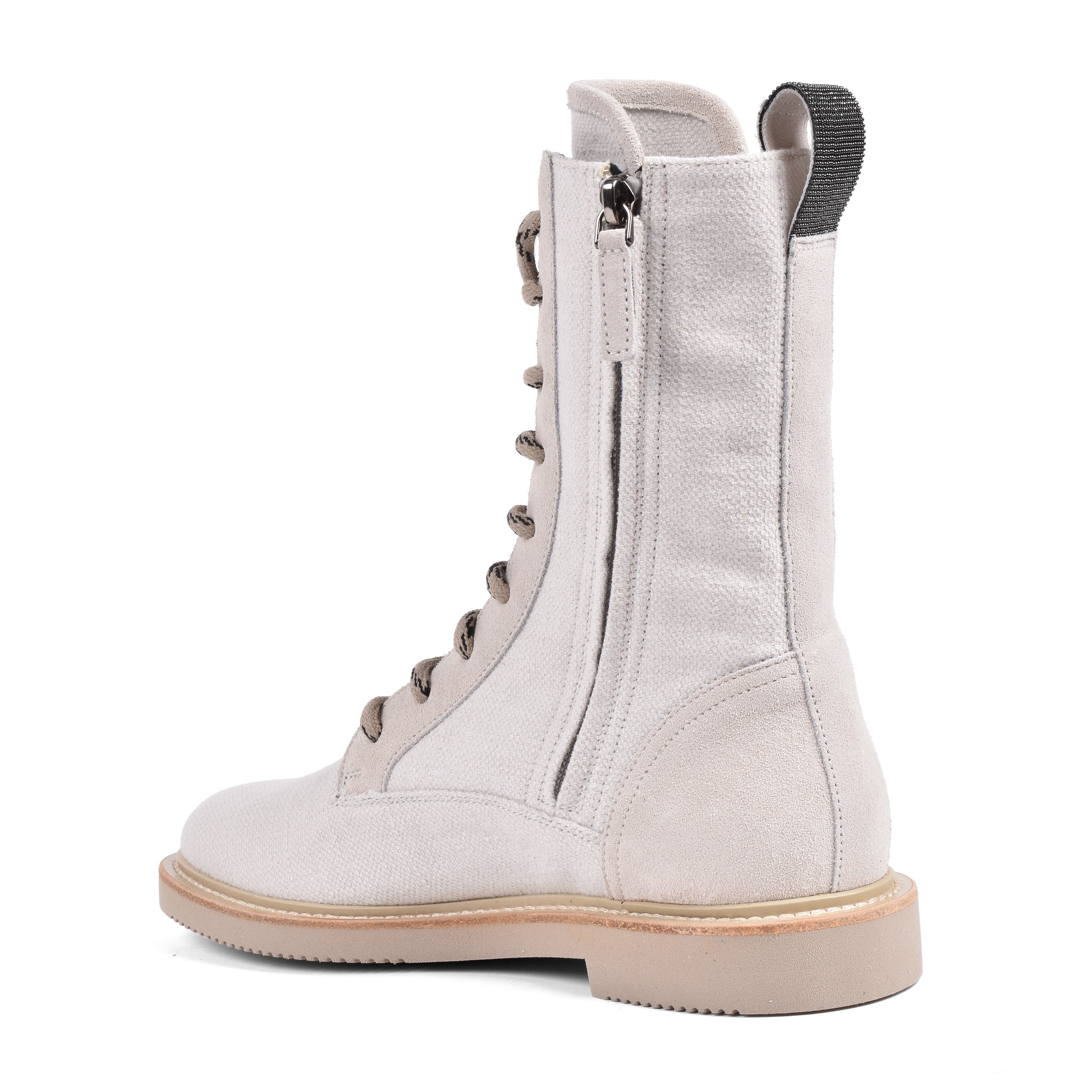 BRUNELLO CUCINELLI WOMEN'S LIGHT BEIGE CANVAS COMBAT BOOTS
