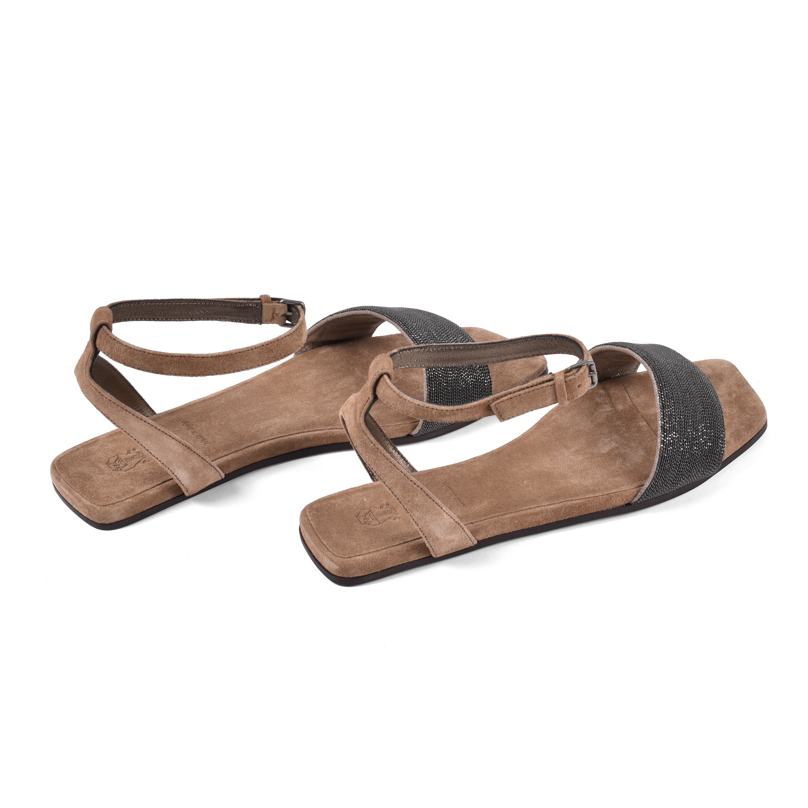 BRUNELLO CUCINELLI WOMEN'S BROWN LEATHER FLAT SANDALS WITH ANKLE STRAP