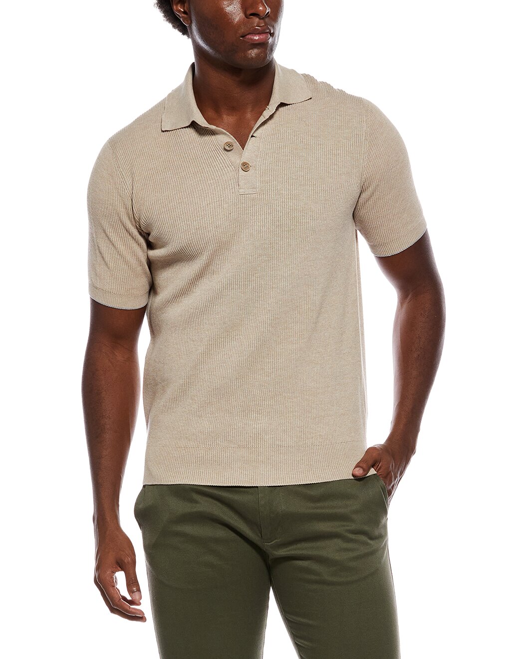 BRUNELLO CUCINELLI MEN'S LIGHT CAMEL KNIT POLO SWEATER