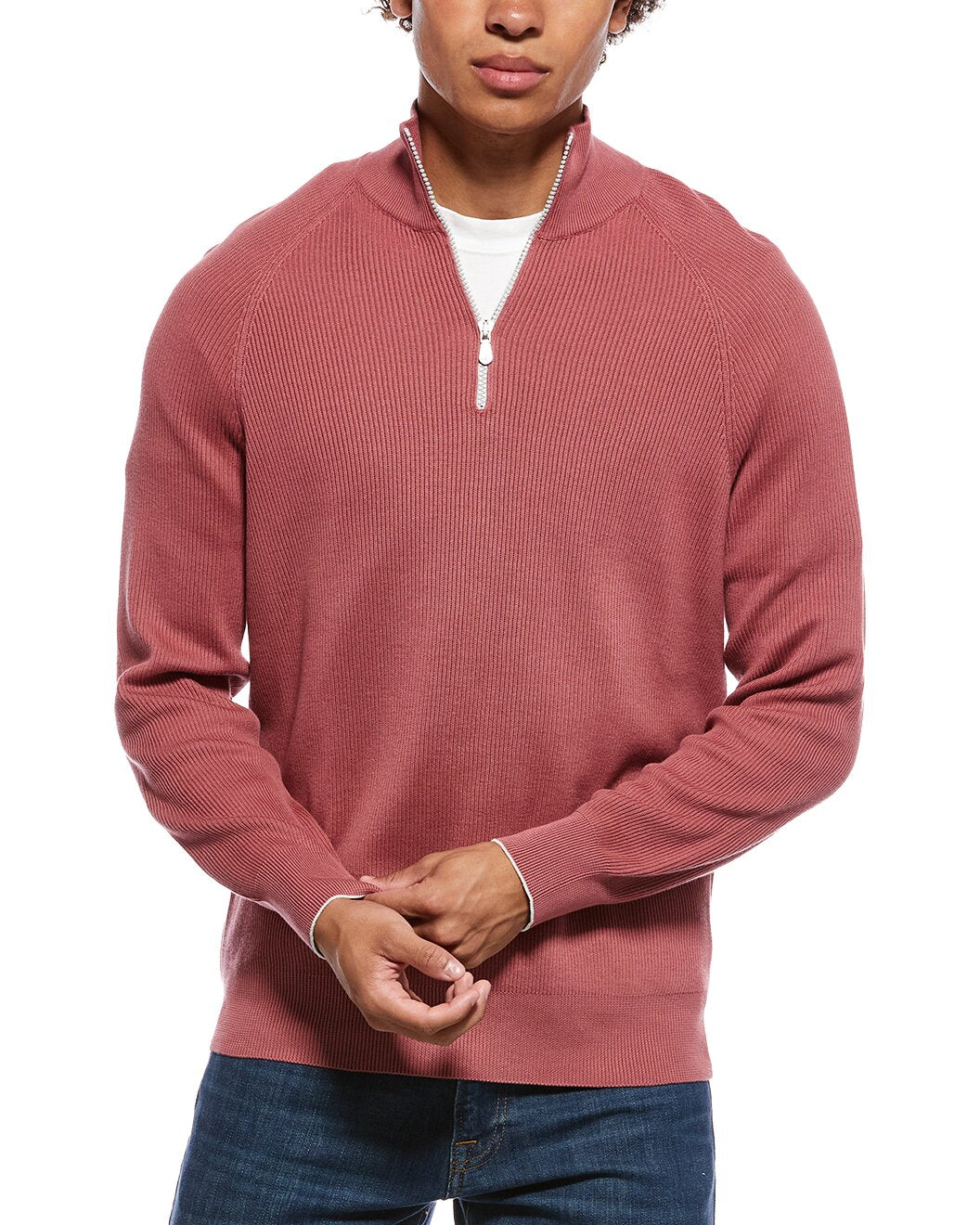 BRUNELLO CUCINELLI MEN'S RASPBERRY HALF-ZIP KNIT SWEATER