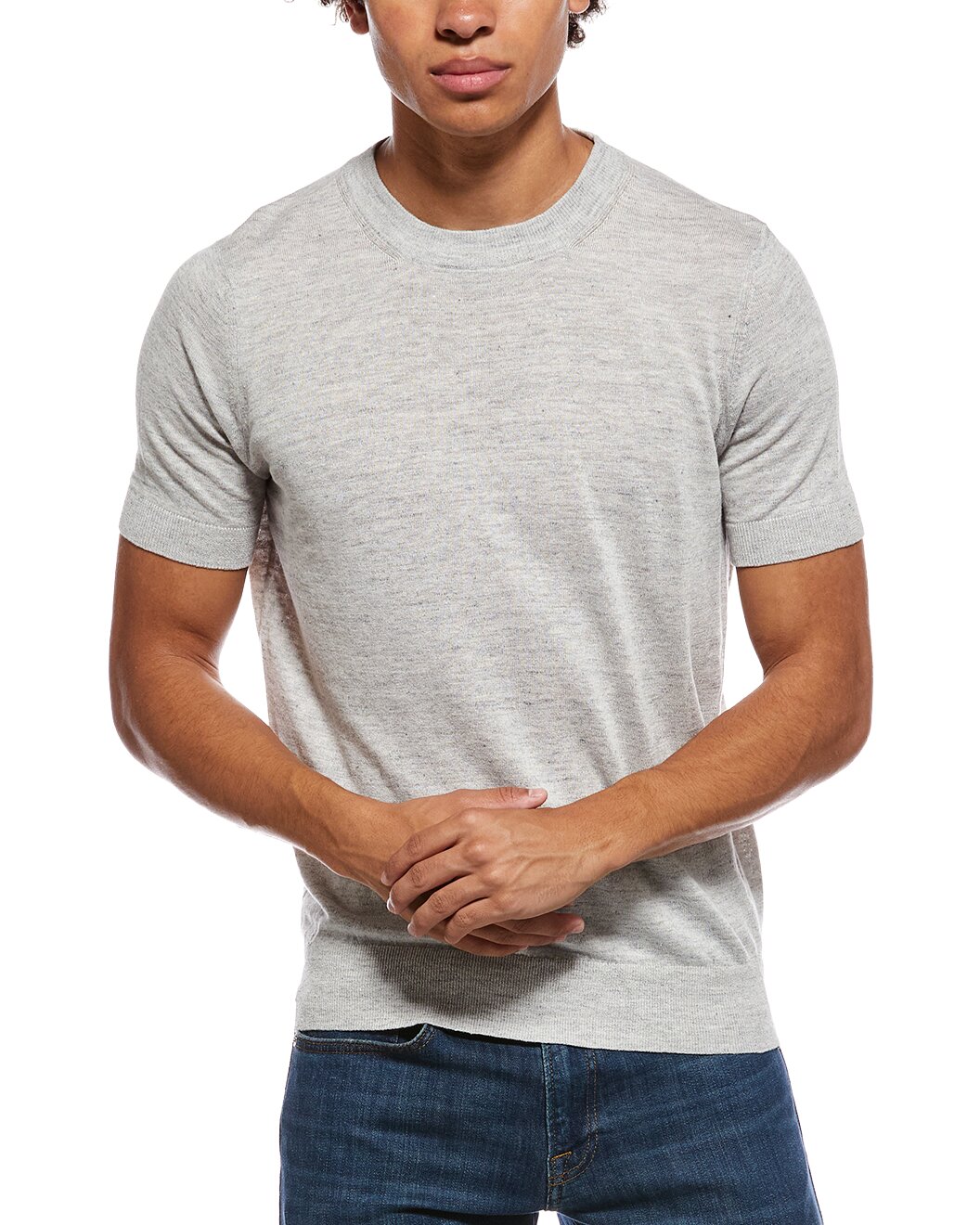 BRUNELLO CUCINELLI MEN'S FOG LINEN BLEND SHORT-SLEEVE SWEATER