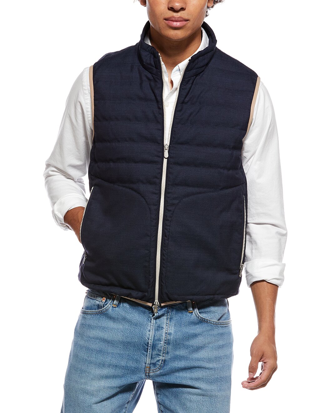 BRUNELLO CUCINELLI MEN'S BLUE WOOL QUILTED VEST