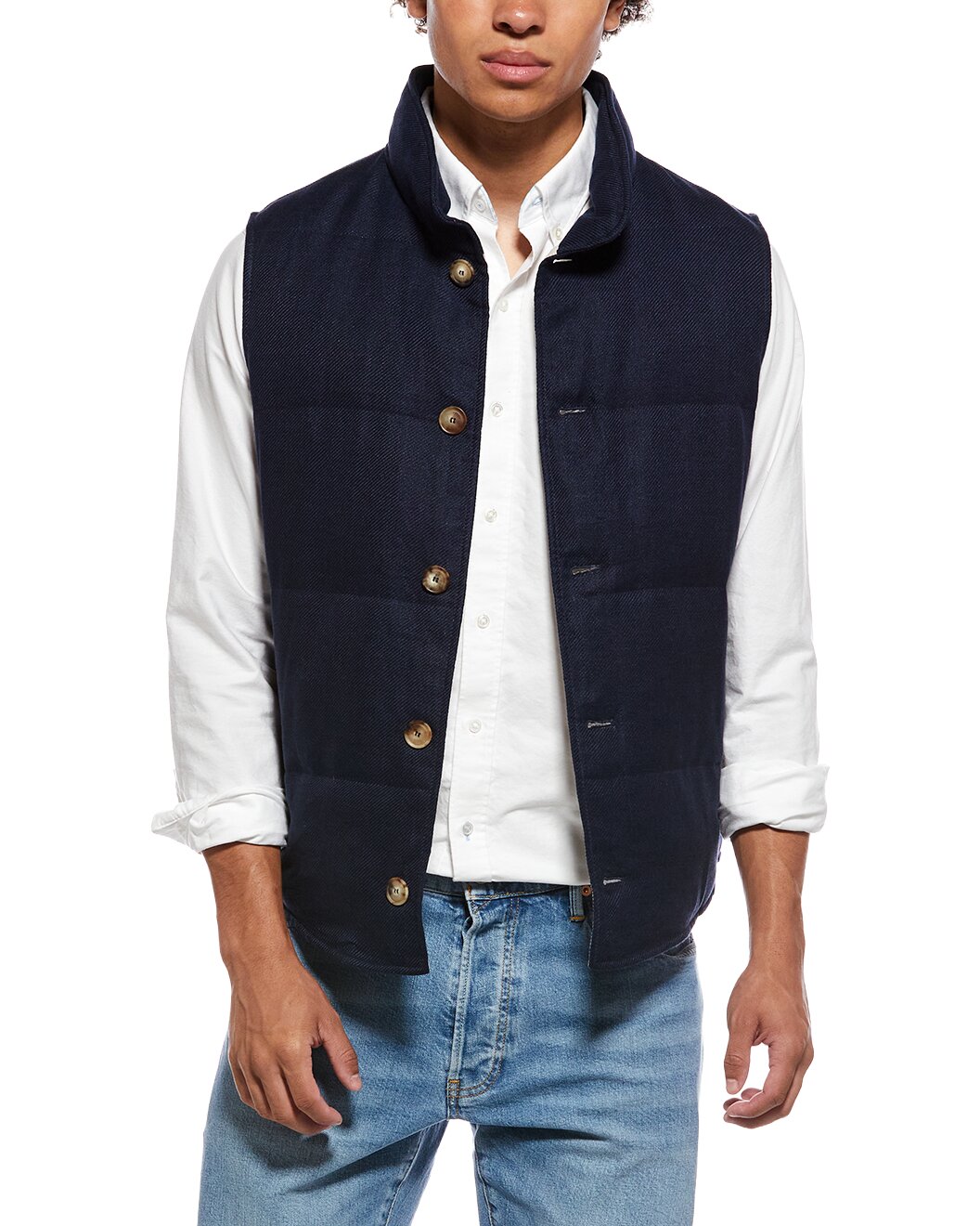 BRUNELLO CUCINELLI MEN'S NAVY LINEN WOOL VEST