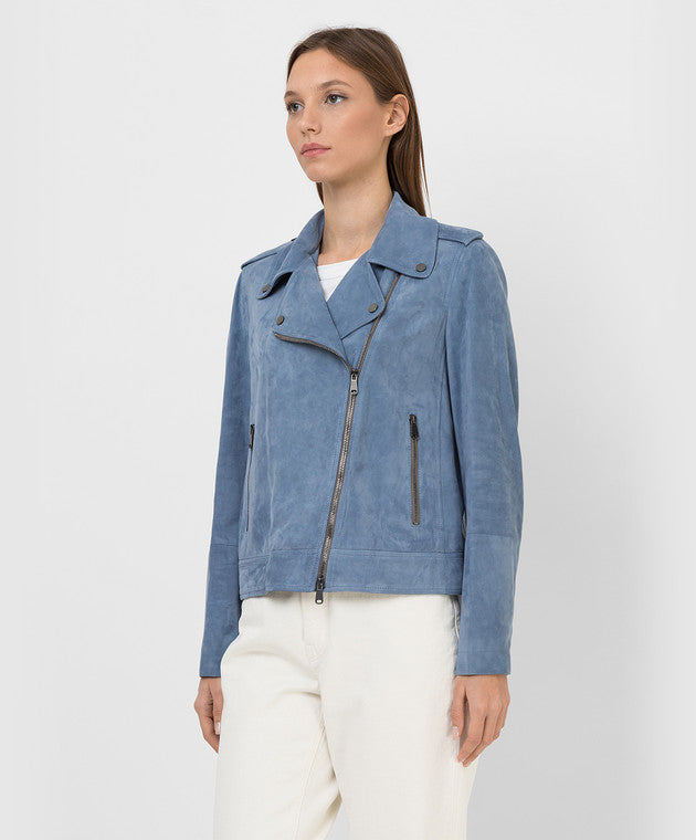 BRUNELLO CUCINELLI WOMEN'S BLUE SUEDE BIKER JACKET