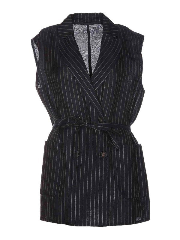 BRUNELLO CUCINELLI WOMEN'S BLUE SILVER PINSTRIPE SLEEVELESS JACKET WITH BELT