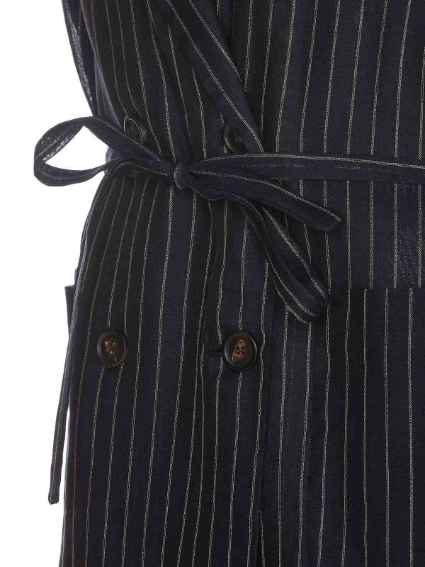 BRUNELLO CUCINELLI WOMEN'S BLUE SILVER PINSTRIPE SLEEVELESS JACKET WITH BELT