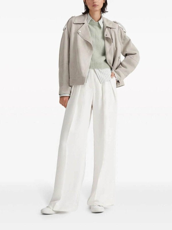 BRUNELLO CUCINELLI WOMEN'S LIGHT BEIGE LEATHER BIKER JACKET