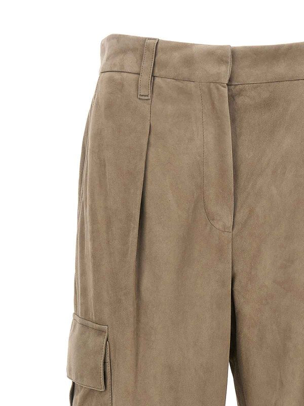 BRUNELLO CUCINELLI WOMEN'S TAUPE LEATHER STRAIGHT LEG TROUSERS
