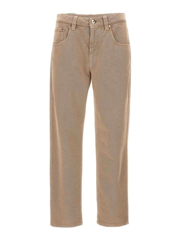 BRUNELLO CUCINELLI WOMEN'S COFFEE CREAM COTTON STRAIGHT TROUSERS