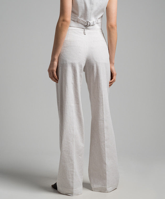 BRUNELLO CUCINELLI WOMEN'S WHITE STRIPED LINEN COTTON TROUSERS