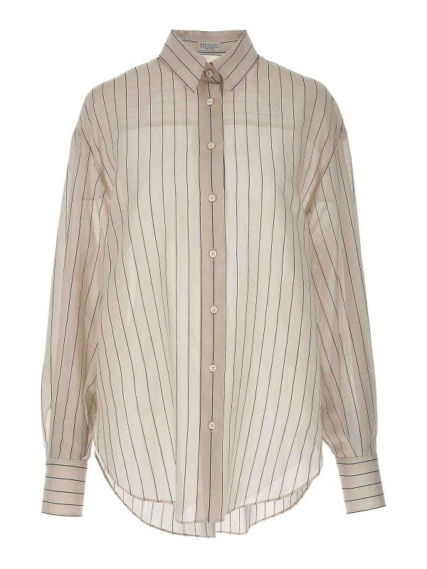BRUNELLO CUCINELLI WOMEN'S BEIGE SILK STRIPED SHIRT